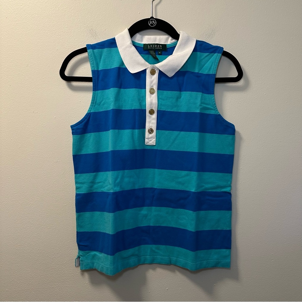 Lauren‎ Ralph Lauren Women’s Blue Striped Collared Golf Tank Top Sz M